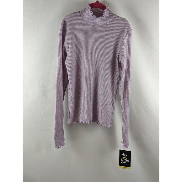 Art Class Lettuce Edge Mock Neck Top Light Purple M Ribbed Long Sleeves Sweater - Picture 5 of 6